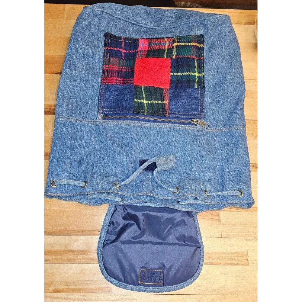 Classic Traditions‎ Vintage Denim Patchwork Backpack Plaid Rucksack Blue Medium